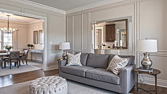 a gracefully appointed living room featuring a comfortable grey sofa and a versatile pouf, ideal for both seating and relaxation