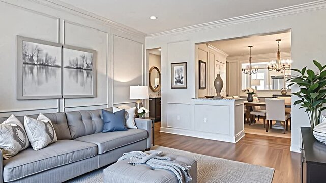 a gracefully appointed living room featuring a comfortable grey sofa and a versatile pouf, ideal for both seating and relaxation