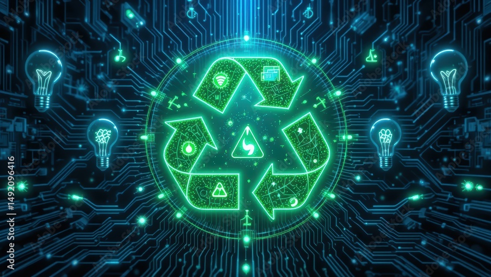 Poster illuminated recycle symbol surrounded by circuit board design and light bulb icons representing sust