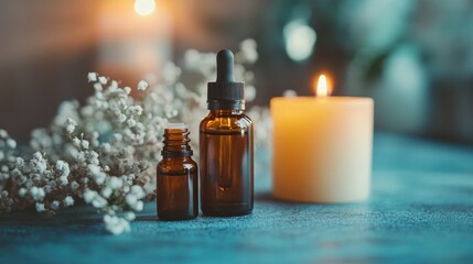 Aromatherapy scene with candle and essential oil bottles on blue surface