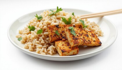 Fototapeta premium Close up of delicious grilled tofu cubes served over brown rice and fresh parsley on white plate