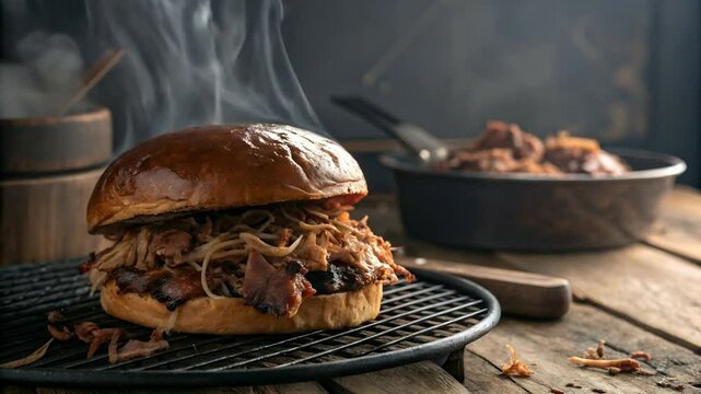 Pulled Pork Sandwich on Rustic Wood | AI Generated Food and Drink High Quality