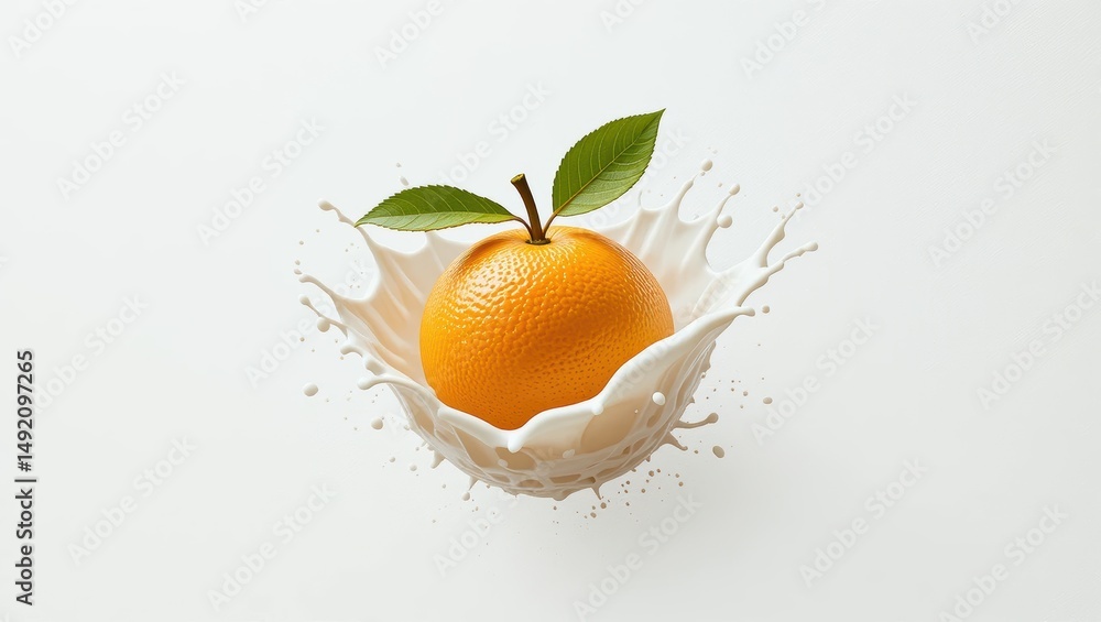 Poster juicy orange splashing into fresh milk creating dynamic splash in a minimalist setting