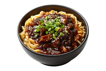 Bowl of Jajangmyeon noodles with beef in blackbean sauce, topped with scallions and sesame seeds, isolated on white background, concept of Asian cuisine