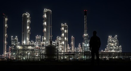 silhouette of a lone figure in front of an illuminated industrial refinery at night, position the subject on the right side of the image, with the brightly lit refinery filling the left side