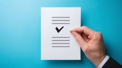 Hand holding a checklist with a checkmark on a blue background, symbolizing task completion and success
