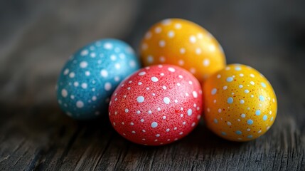 Colorful polka dot easter eggs on wooden surface