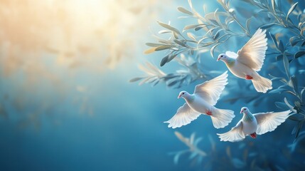 Three white doves in flight among olive branches against a soft blue sky