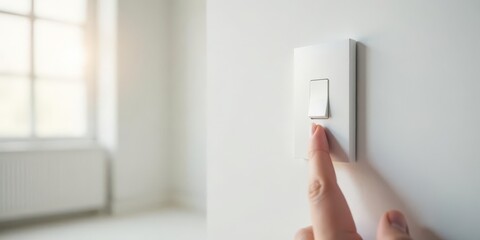 Naklejka premium A finger gently presses a light switch on a pristine white wall, near a softly sunlit window, signifying the simple act of turning on or off a light source