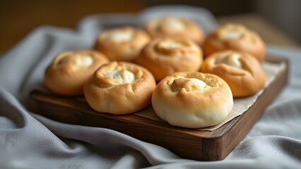 Delicious Homemade Baked Cheese Buns on Wooden Board