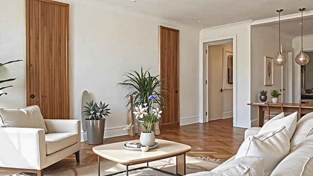 an airy and bright living room embraces a modern aesthetic with touches of warmth. a comfortable armchair, crafted with clean lines, invites relaxation next to a subtly designed coffee table