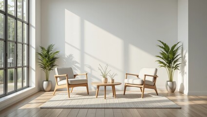 Minimalist Living Room With Natural Light, Modern Chairs, and Indoor Plants in a Bright Space