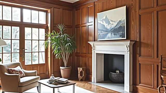 a light filled living room presents a modern take on classic design. a cozy armchair provides a comfortable spot for reading or relaxing, complemented by a simple, elegant coffee table