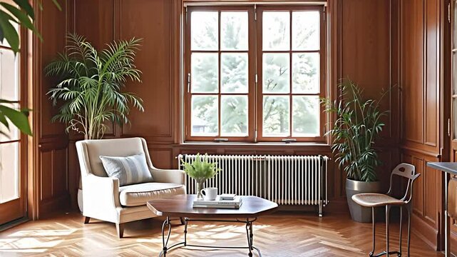 a light filled living room presents a modern take on classic design. a cozy armchair provides a comfortable spot for reading or relaxing, complemented by a simple, elegant coffee table