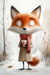 Cartoon fox with a beige coat and a red checkered scarf with a steaming cup of coffee in a snowy park scene. For kids' books, cards, and projects.