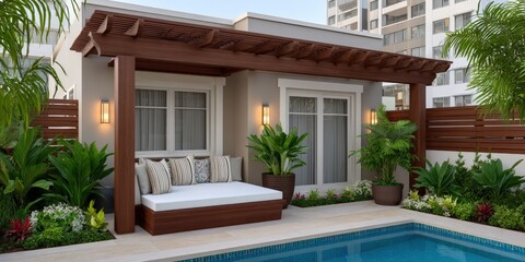 Fototapeta premium Modern outdoor patio featuring a cozy lounge area surrounded by lush green plants and a tranquil pool enhancing relaxation with elegant design elements that invite comfort and serenity