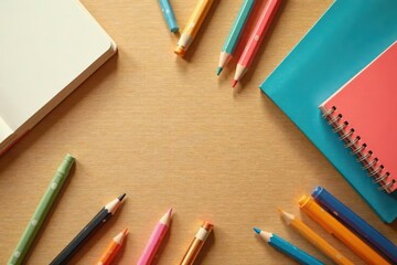 A Colorful Arrangement of Writing Instruments and Notebooks on a Wooden Surface