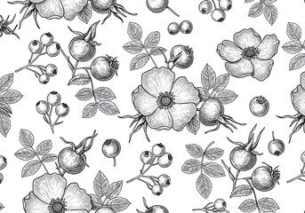 Elegant Monochrome Rosehip Floral Pattern