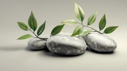 Smooth stones and fresh green leaves arrangement. [Inverted Nature] | Stone Leaves | carved branch. Illustration