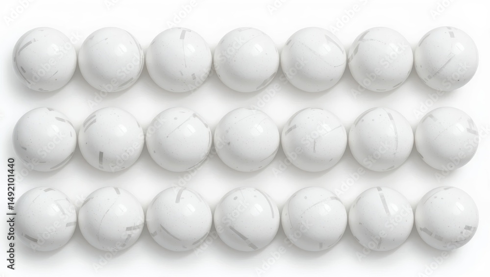 Poster neatly arranged white balls in a geometric pattern on a clean background