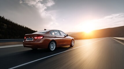 Sleek sedan car driving on highway at sunset with scenic mountain views