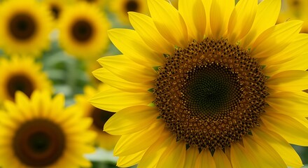 Obraz premium Close-up of Bright Yellow Sunflowers Blooming in a Field