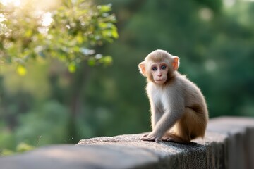 Obraz premium Curious young monkey sitting on a stone wall in sunlit forest