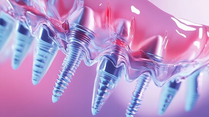 Dental prosthesis supported by eight implants, visualized in a 3D medical illustration