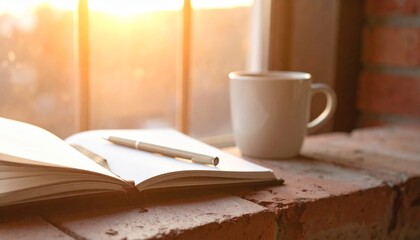 A cup of coffee and a book rest on a brown wooden table, suggesting a morning beverage break