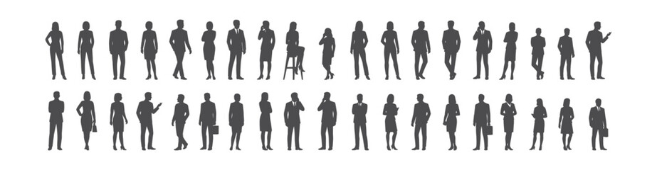 Silhouette of diverse office staff in various poses, ideal for business, teamwork, and corporate themes. Black vector design perfect for presentations, websites, and professional illustrations