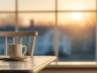 A serene morning scene with a coffee cup by a sunlit window.