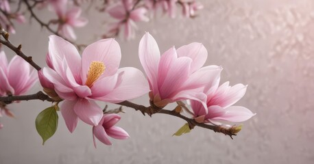 Obraz premium Delicate pink magnolia blossoms on a branch against a blurred background , pink, tree, magnolia branch