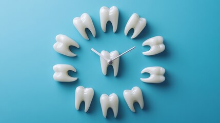 Human teeth arranged in the form of a clock on a blue background, representing dental care through a medical visual metaphor