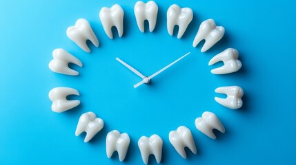 Human teeth arranged in the form of a clock on a blue background, representing dental care through a medical visual metaphor