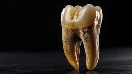 Macro image of a decayed tooth post-extraction, displayed on a black background to highlight real anatomy