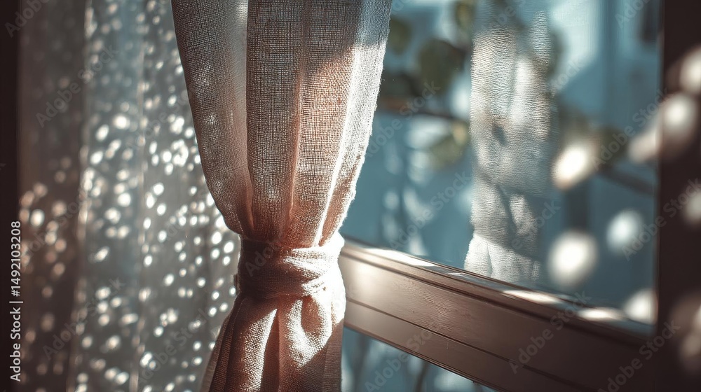 Poster sunlight filtering through curtains creating a serene atmosphere.