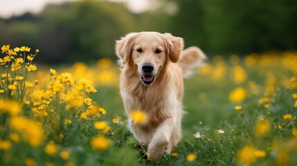 Golden retriever enjoying a walk in a vibrant flower field