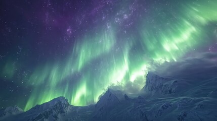 Spectacular Aurora Borealis Display Over Snowy Mountains at Night