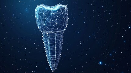 Stylized icon of a dental implant formed from a low-poly starry wireframe, set against a space-themed backdrop