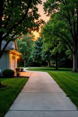 Obraz premium Serene Sunset Stroll A Residential Pathway Winding Through Lush Green Lawns and Mature Trees, Illuminated by the Warm Glow of Evening Light