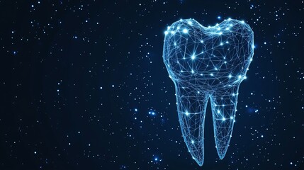 Stylized icon of a dental implant formed from a low-poly starry wireframe, set against a space-themed backdrop
