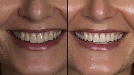 Woman's smile transformation shown in a close-up before-and-after collage after dental veneer placement