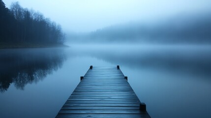 Fototapeta premium Ethereal serenity a boardwalk into the mystic fog-laden lake scene
