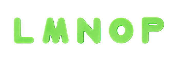 Colored clay shaped like the English letter L, M, N, O, P. light green, green
