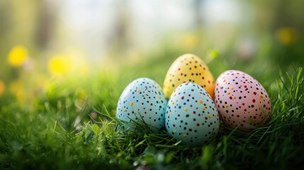 Fototapeta premium Colorful speckled easter eggs on lush green grass in sunlit garden