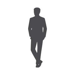 Obraz premium Silhouette of a man in a suit, hands in pockets, representing office staff or a business professional. Sleek vector design for corporate, leadership, or workplace-themed projects