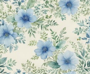 Creamy watercolor background, delicate blue & green floral pattern  , print, delicate, art