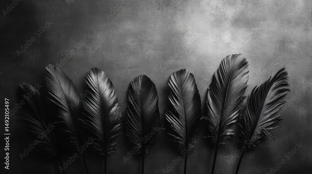 Poster black feathers arranged on dark background