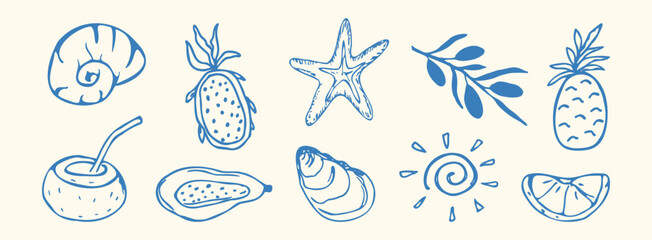 Hand drawn summer set. Italian foods, oyster, olive, lemon, shell, mediterranean fruits. Coastal Greece beach, doodle greek seafood, coast sea blue elements for Italy menu, wedding, sketch. Vector ill
