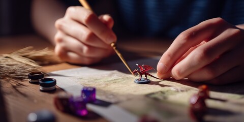 Young caucasian male painting miniature dragon figurine for tabletop game